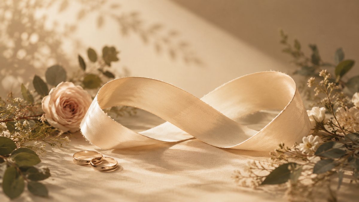 Ribbon arranged like an infinity symbol with wedding rings