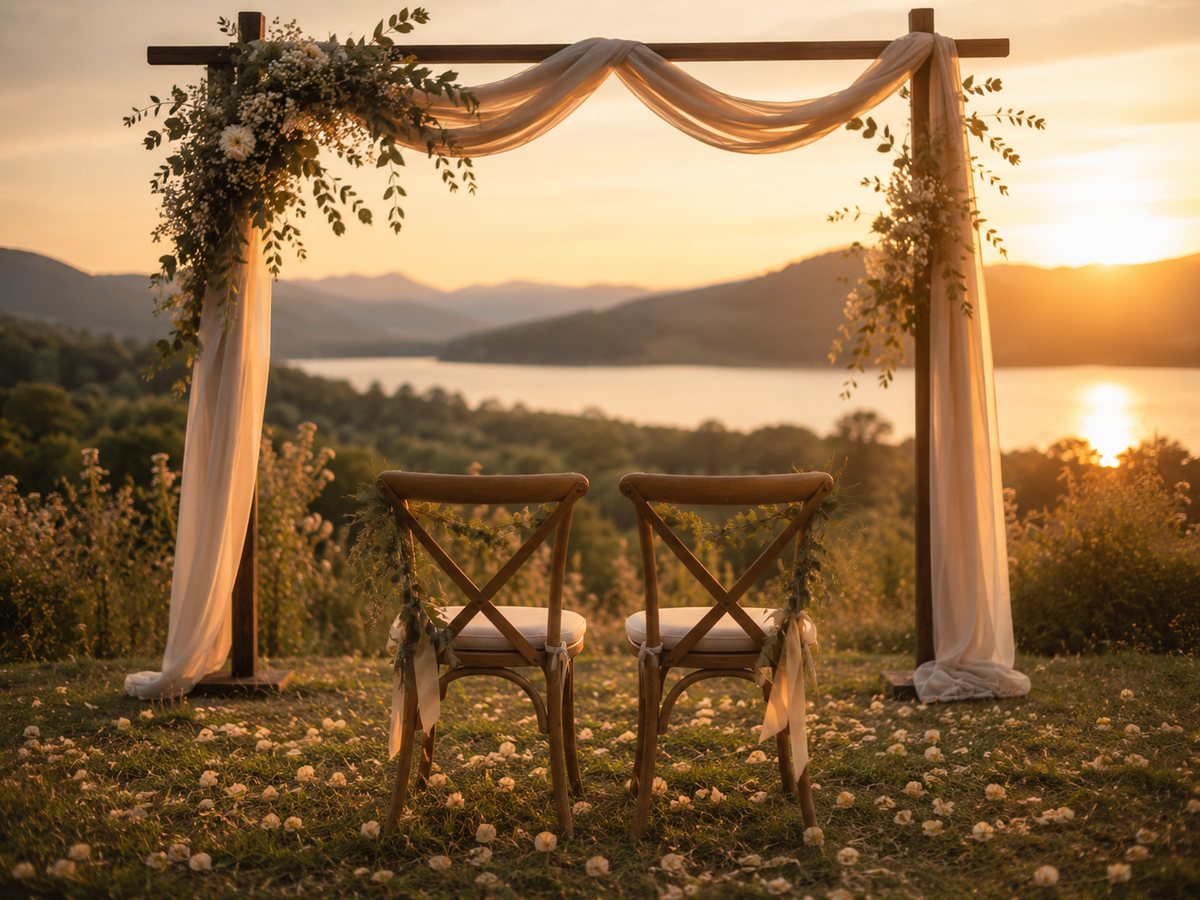 Two ceremony chairs beneath a floral arch at sunset
