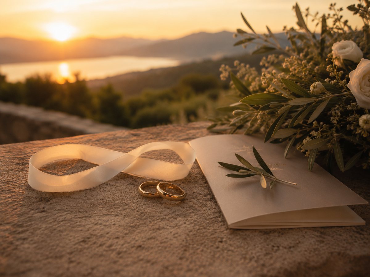 Wedding rings beside a ribbon shaped like an infinity symbol