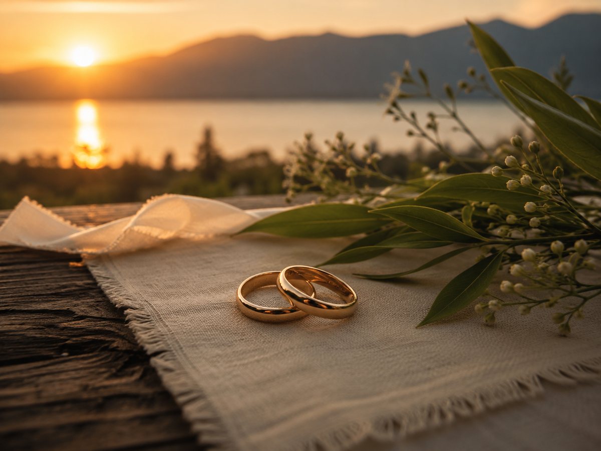 Wedding rings at sunset with flowers and ribbon
