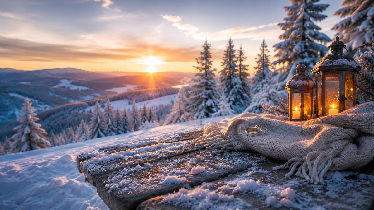 Wedding rings and lanterns in a snowy sunset setting